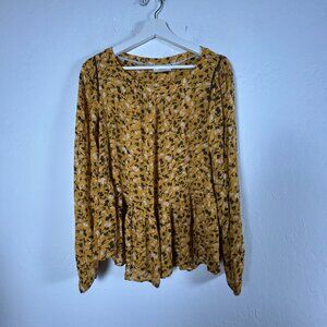 Maeve By Anthropologie Womens Yellow Floral Long Sleeve Peplum Blouse Size Small